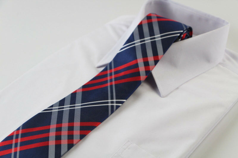 Mens Navy Blue, Red, White Plaid Striped Patterned 8cm Neck Tie