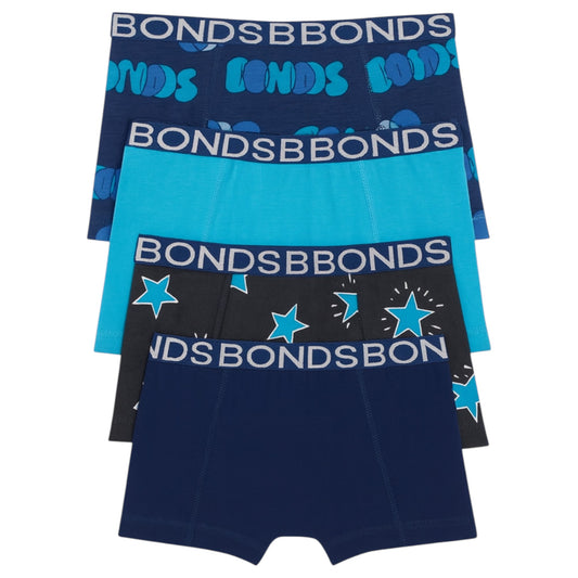4 Pack Kids Boys Bonds Boxer Trunk Underwear Blue Multi