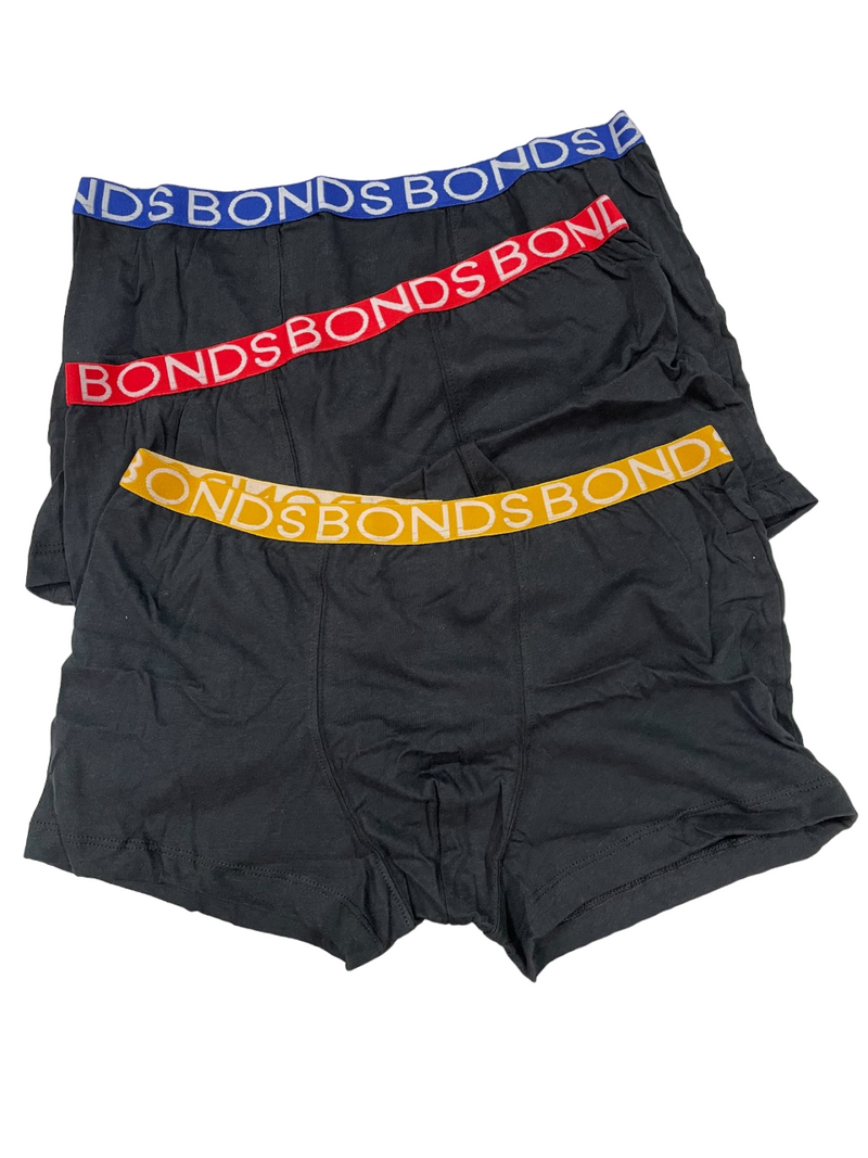 3 Pairs X Boys Bonds Trunks Plain Underwear Undies Black With Multi Band