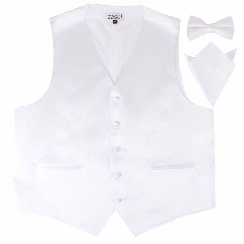 Mens White Plain Vest Waistcoat & Matching Bow Tie & Pocket Square