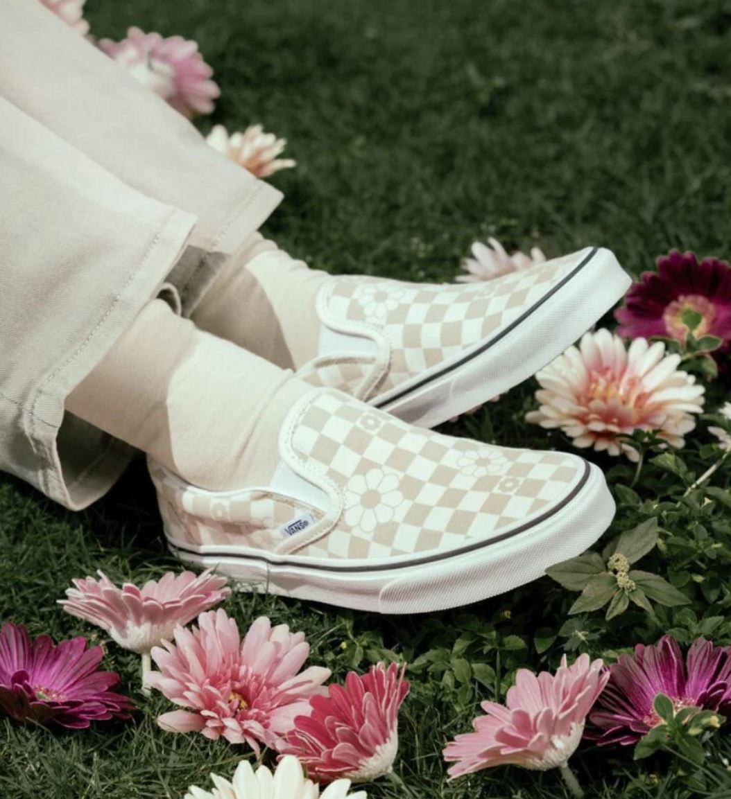 Mens Vans Classic Slip-On Shoes Floral Check Marshmallow