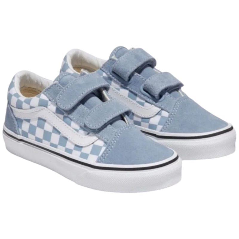 Vans Kids Old Skool V Color Theory Checkerboard Dusty Blue Boys Strap Shoes