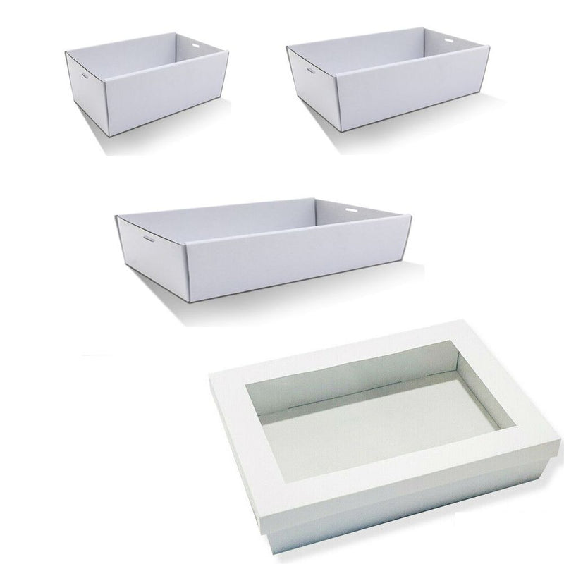 50 X White Disposable Catering Grazing Boxes Trays Clear Frame Lids - Medium