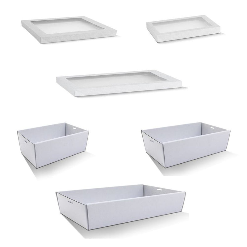 50 X White Disposable Catering Grazing Boxes Trays Clear Frame Lids - Medium