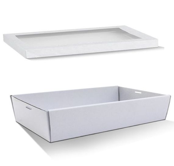 20 X White Disposable Catering Grazing Boxes Trays Clear Frame Lids - Large