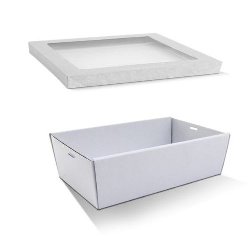 100 X White Disposable Catering Grazing Boxes Trays Clear Frame Lids - Medium