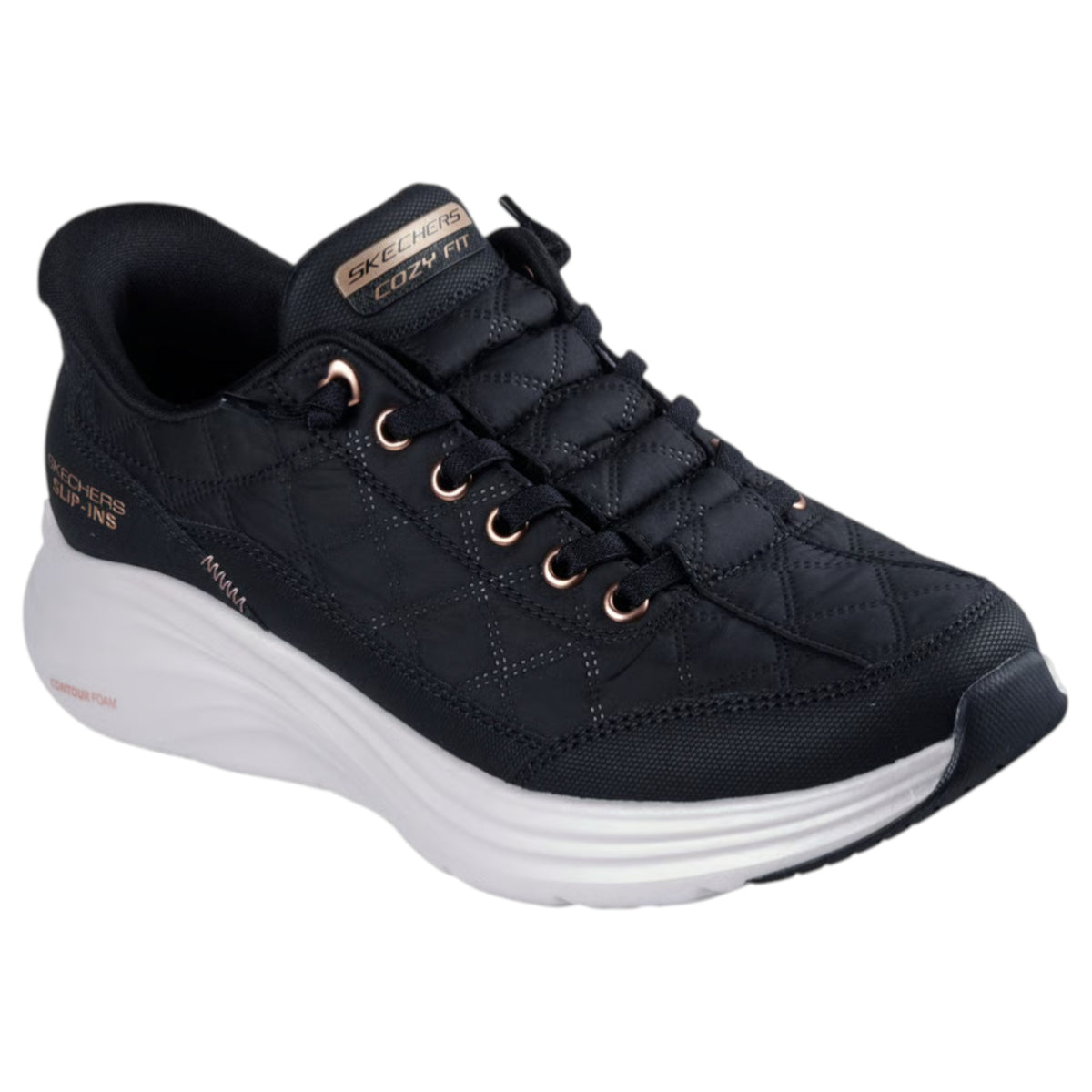Womens Skechers Contour Foam - Cozy Fit Golden Hour Shoes Black/Rose Gold