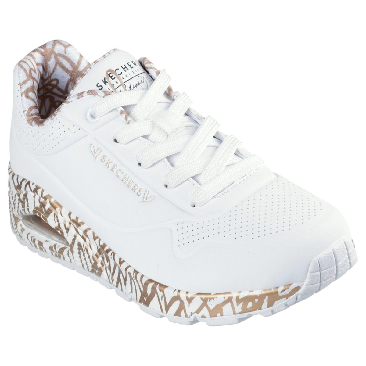 Womens Skechers X Jgoldcrown Uno - Loving Love White/ Rose Gold Athletic Shoes