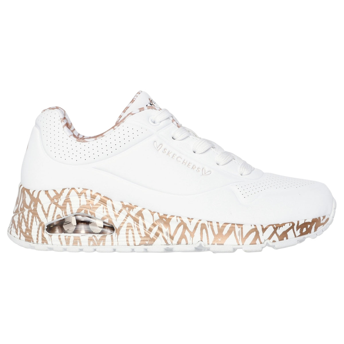 Womens Skechers X Jgoldcrown Uno - Loving Love White/ Rose Gold Athletic Shoes