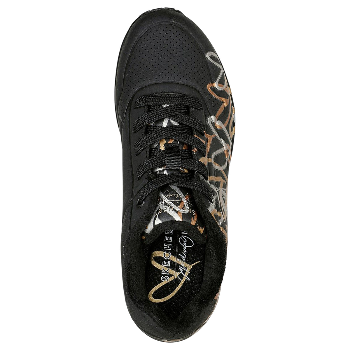 Womens Skechers X Jgoldcrown Uno - Metallic Love Black/ Gold Athletic Shoes