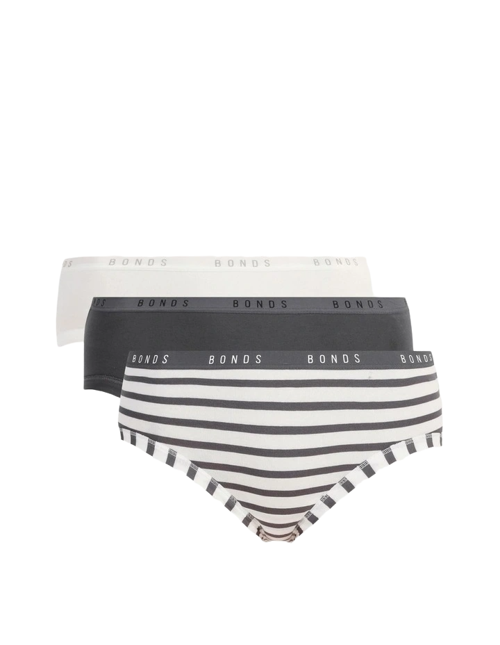 6 Pack Womens Bonds Cottontails Midi Cottontail Midi White / Charcoal Stripes