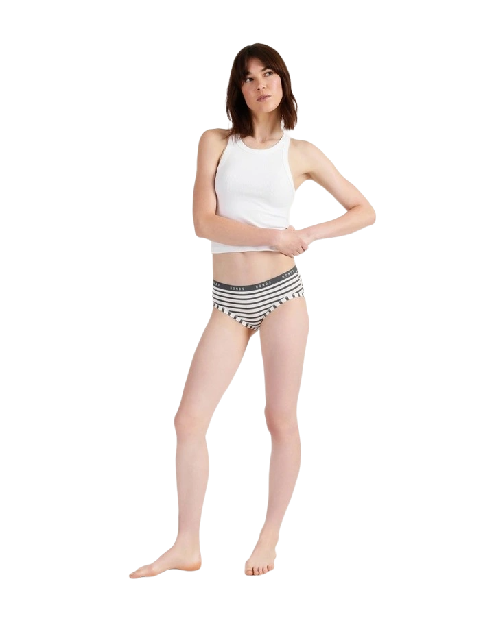 6 Pack Womens Bonds Cottontails Midi Cottontail Midi White / Charcoal Stripes