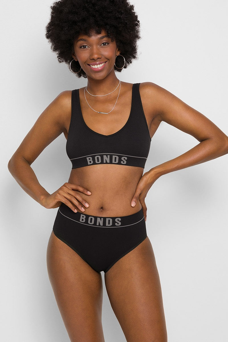 3 x Bonds Originals Retro Rib Deep V Crop Bra Black