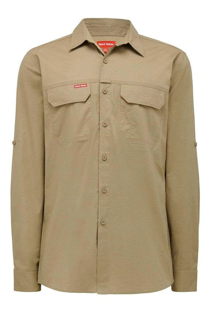 3 x Mens Hard Yakka Flex Ripstop Long Sleeve Shirt Work Wear Khaki Y04305