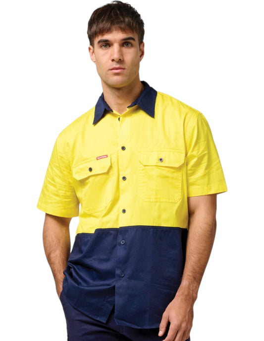 Mens Hard Yakka Core Hi Vis 2 Tone Shirt Yellow / Navy