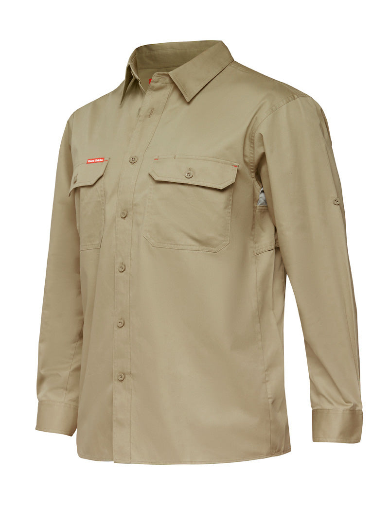 Mens Hard Yakka Long Sleeve Lightweight Drill Ventilated Shirt Khaki