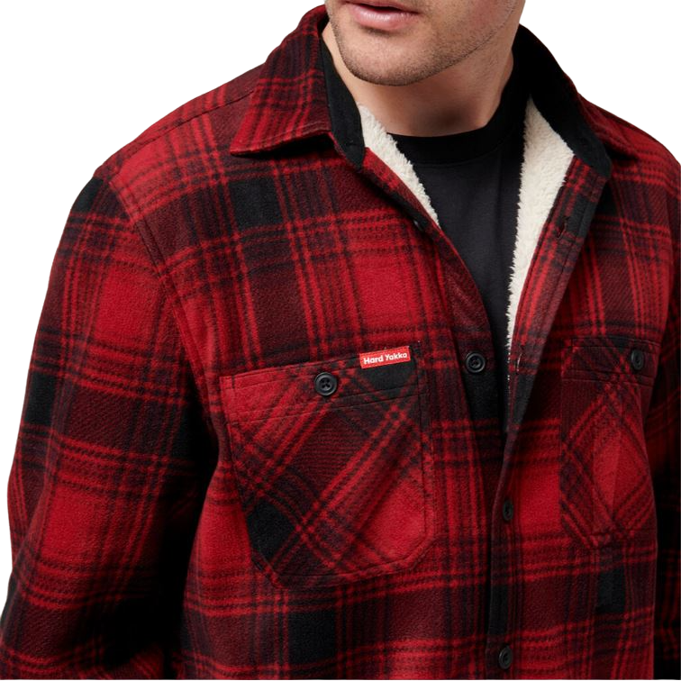 Mens Hard Yakka Legends Sherpa Fleece Jacket Shirt Camper Red With Free Beanie