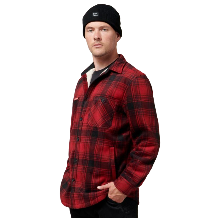 Mens Hard Yakka Legends Sherpa Fleece Jacket Shirt Camper Red With Free Beanie