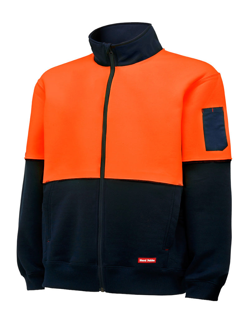 5 x Mens Hard Yakka Hi Vis Full Zip Brushed Fleece Jacket Orange/Navy Y06765