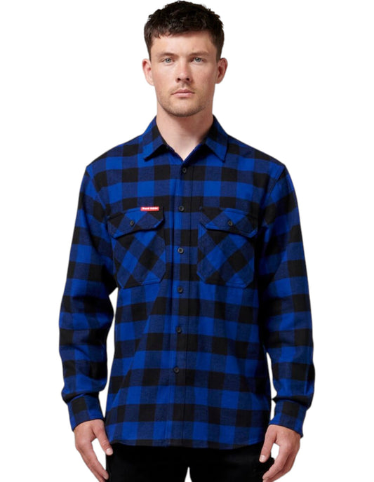 Mens Hard Yakka Foundation New Check Flannel Long Sleeve Shirt Blue Check