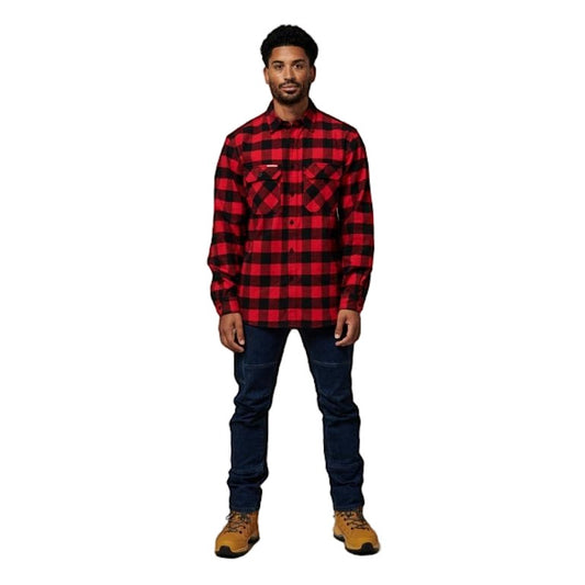 Mens Hard Yakka Foundation New Check Flannel Long Sleeve Shirt Red Check