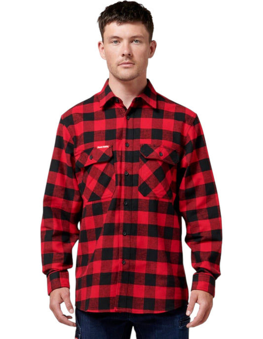 Mens Hard Yakka Foundation New Check Flannel Long Sleeve Shirt Red Check
