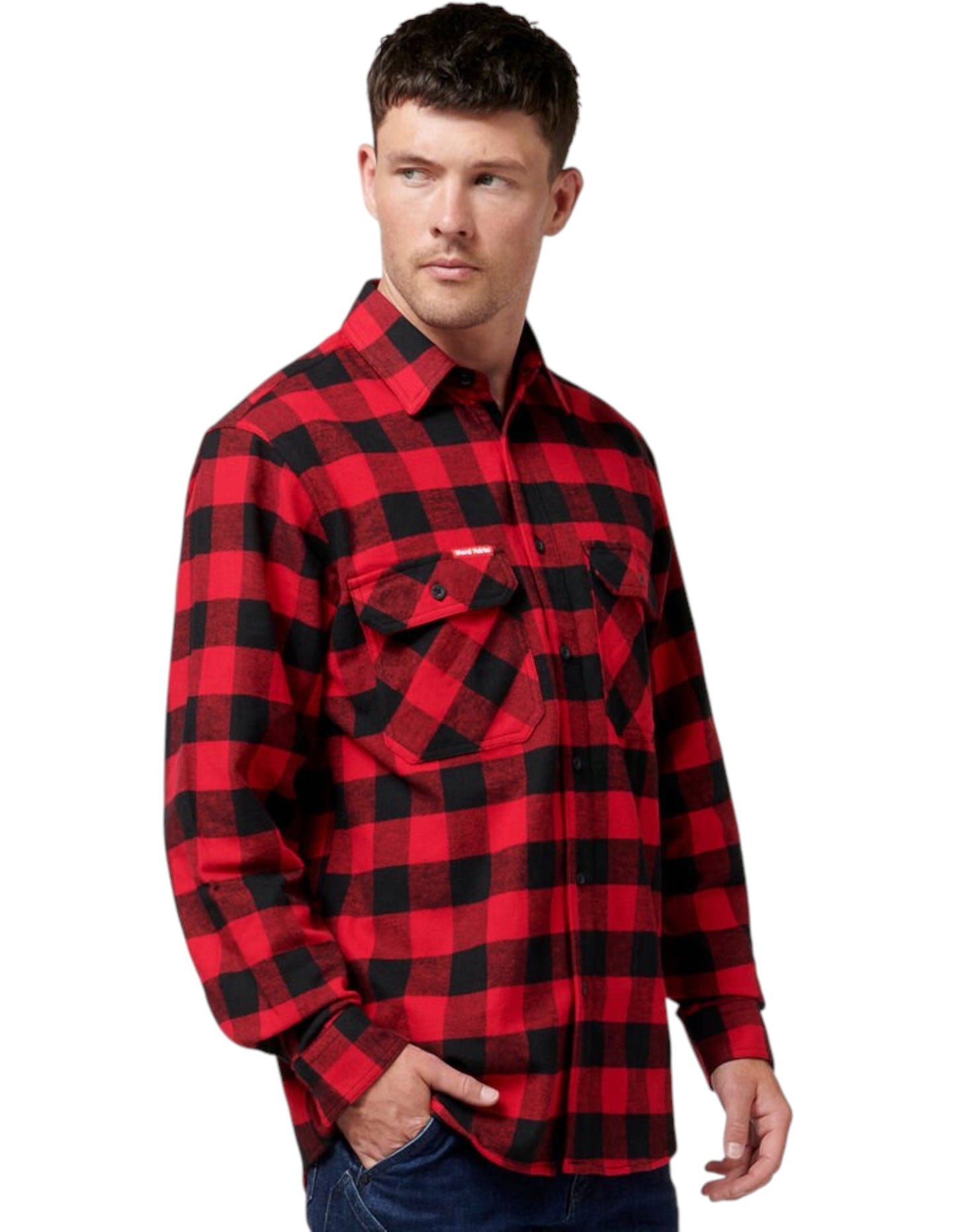 Mens Hard Yakka Foundation New Check Flannel Long Sleeve Shirt Red Check