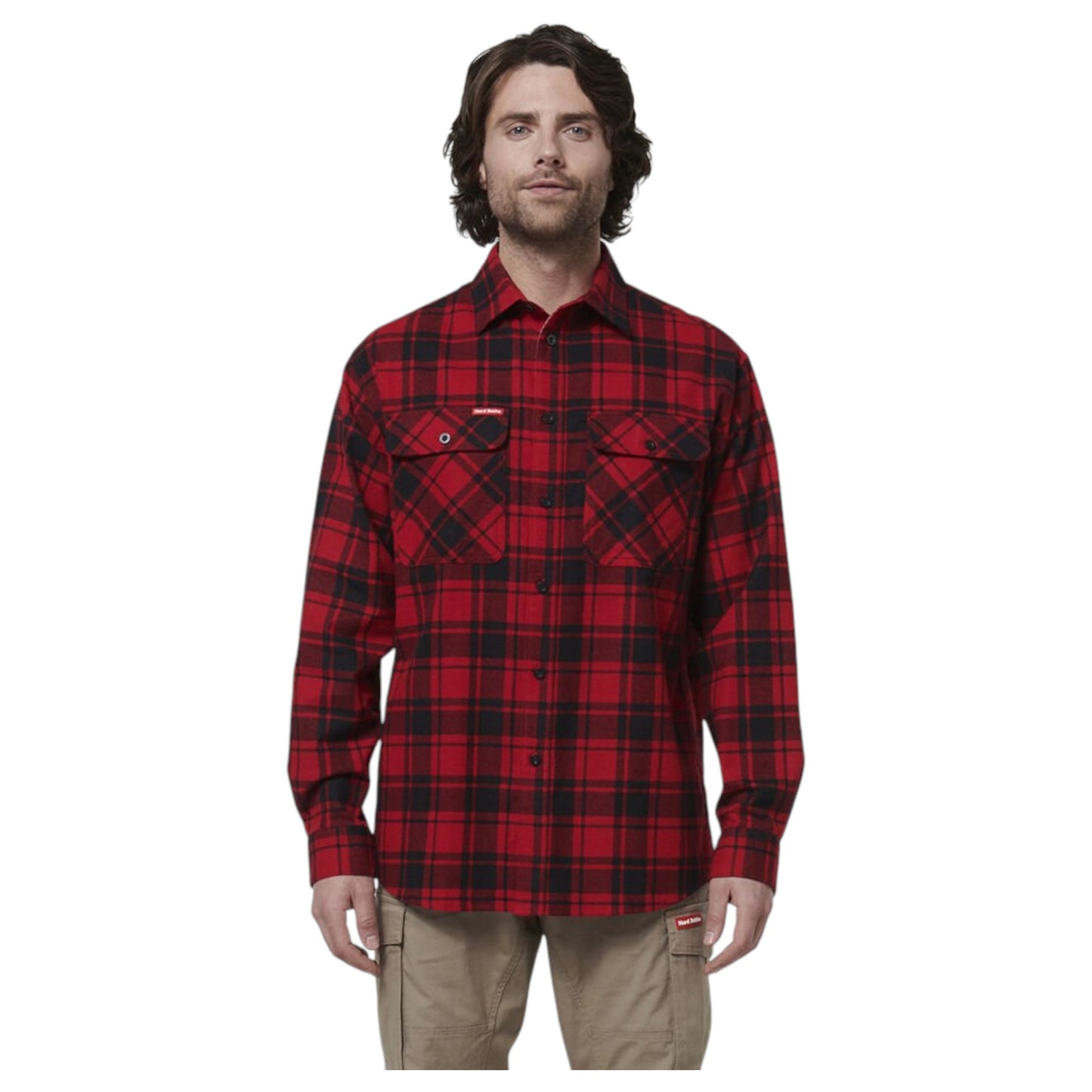 Mens Hard Yakka Long Sleeve Check Flannel Long Sleeve Shirt Red Check