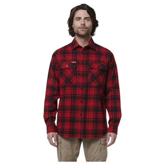 Mens Hard Yakka Long Sleeve Check Flannel Long Sleeve Shirt Red Check