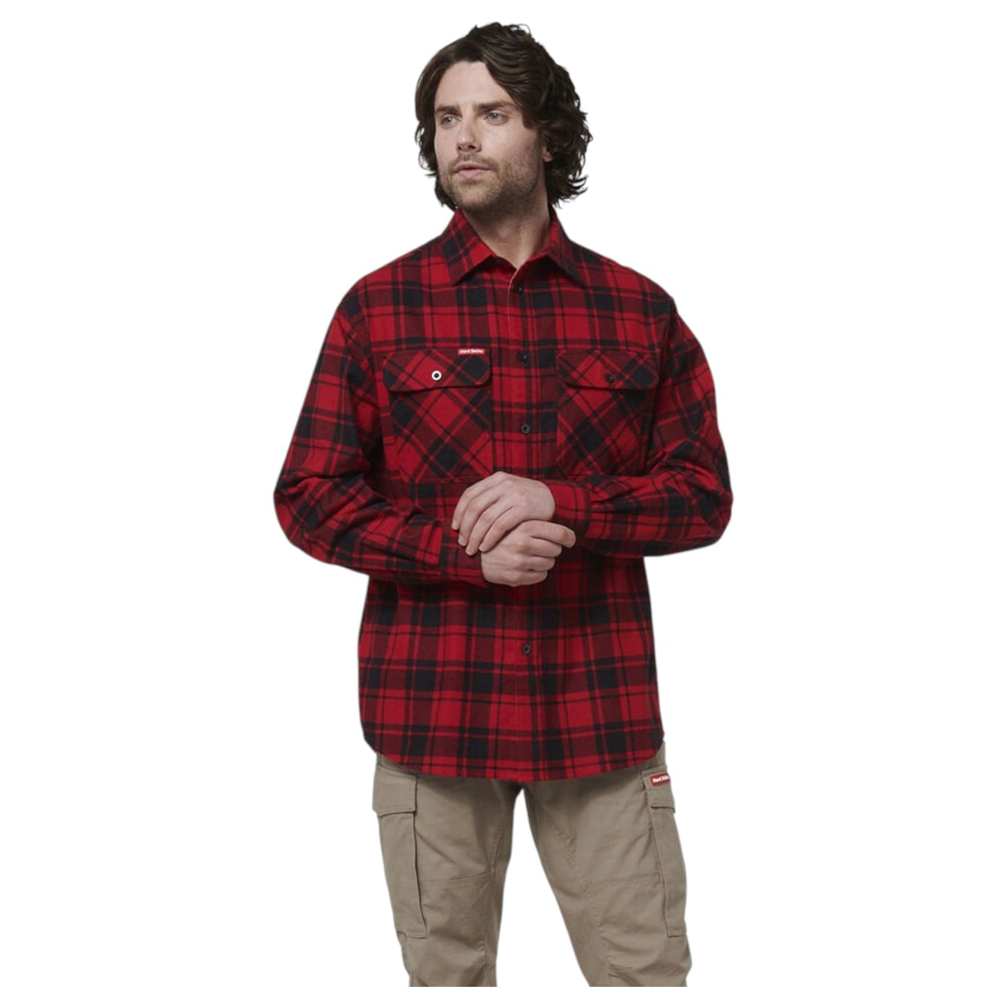 Mens Hard Yakka Long Sleeve Check Flannel Long Sleeve Shirt Red Check