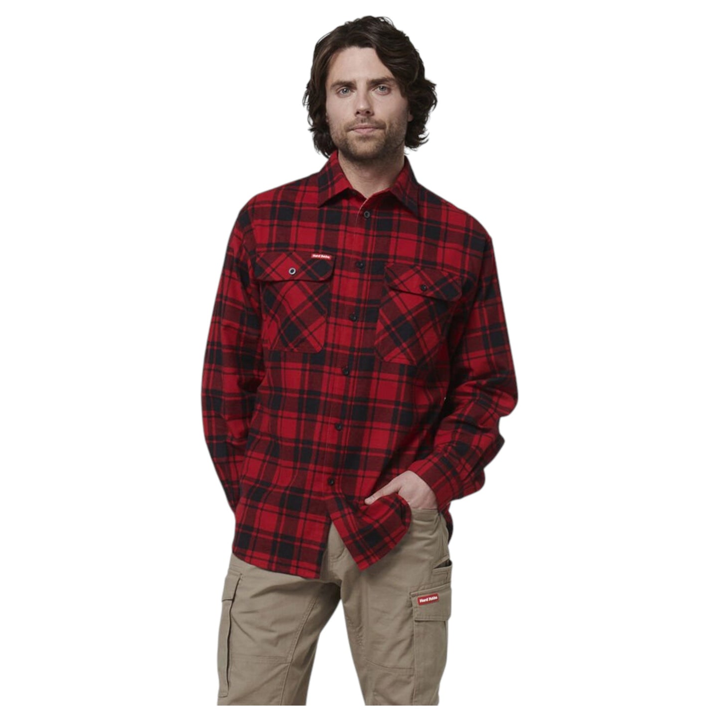 Mens Hard Yakka Long Sleeve Check Flannel Long Sleeve Shirt Red Check