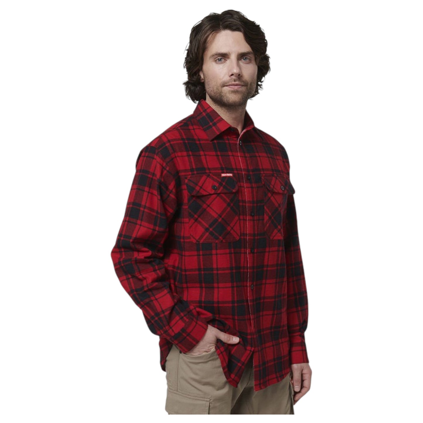 Mens Hard Yakka Long Sleeve Check Flannel Long Sleeve Shirt Red Check