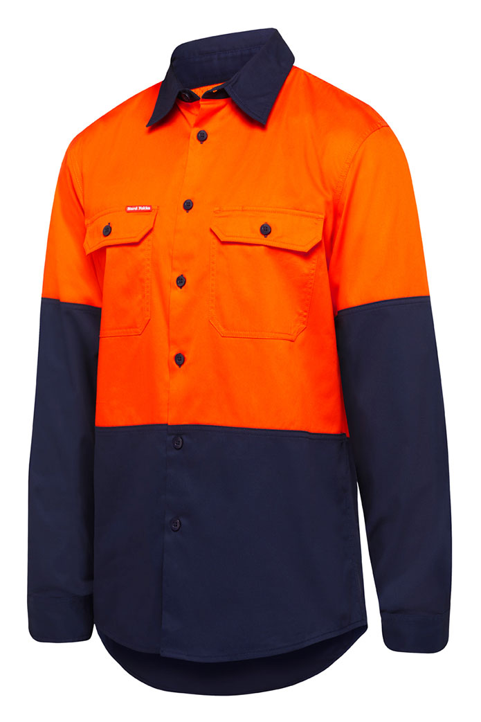 Hard Yakka Basic 2 Tone Long Sleeve Vented Drill Shirt Orange Navy