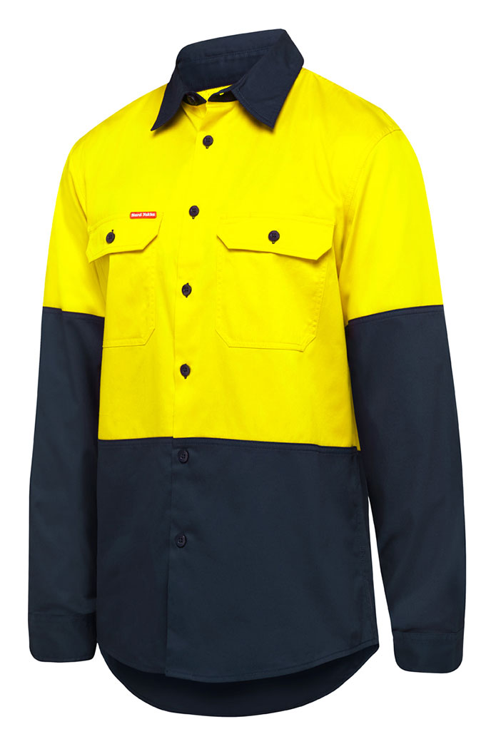 Mens Hard Yakka Basic 2 Tone Long Sleeve Shirt Yellow / Navy