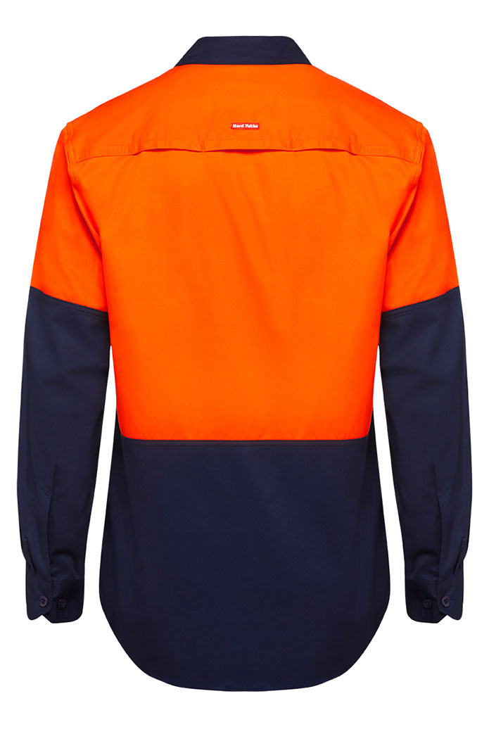 2 x Hard Yakka Basic 2 Tone Long Sleeve Vented Drill Shirt Orange Navy