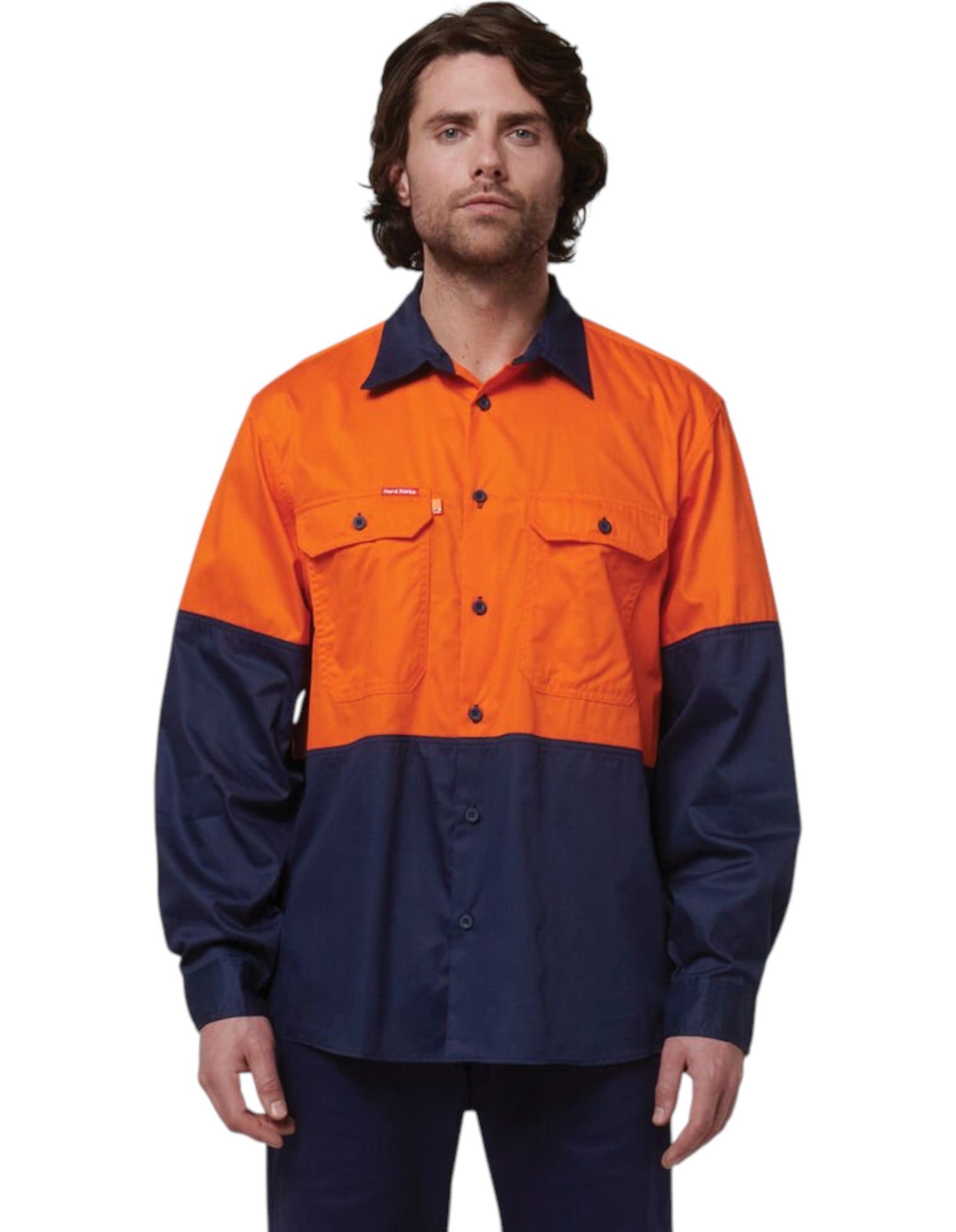 Mens Hard Yakka Basic 2 Tone Long Sleeve Shirt Orange / Navy