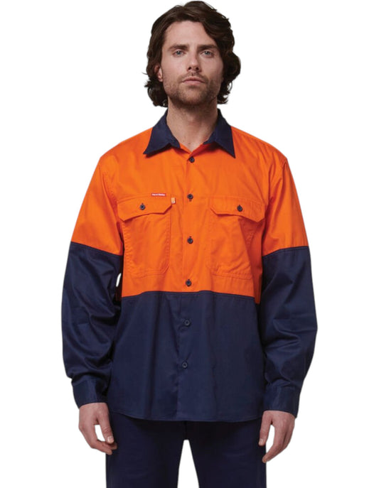 Mens Hard Yakka Basic 2 Tone Long Sleeve Shirt Orange / Navy