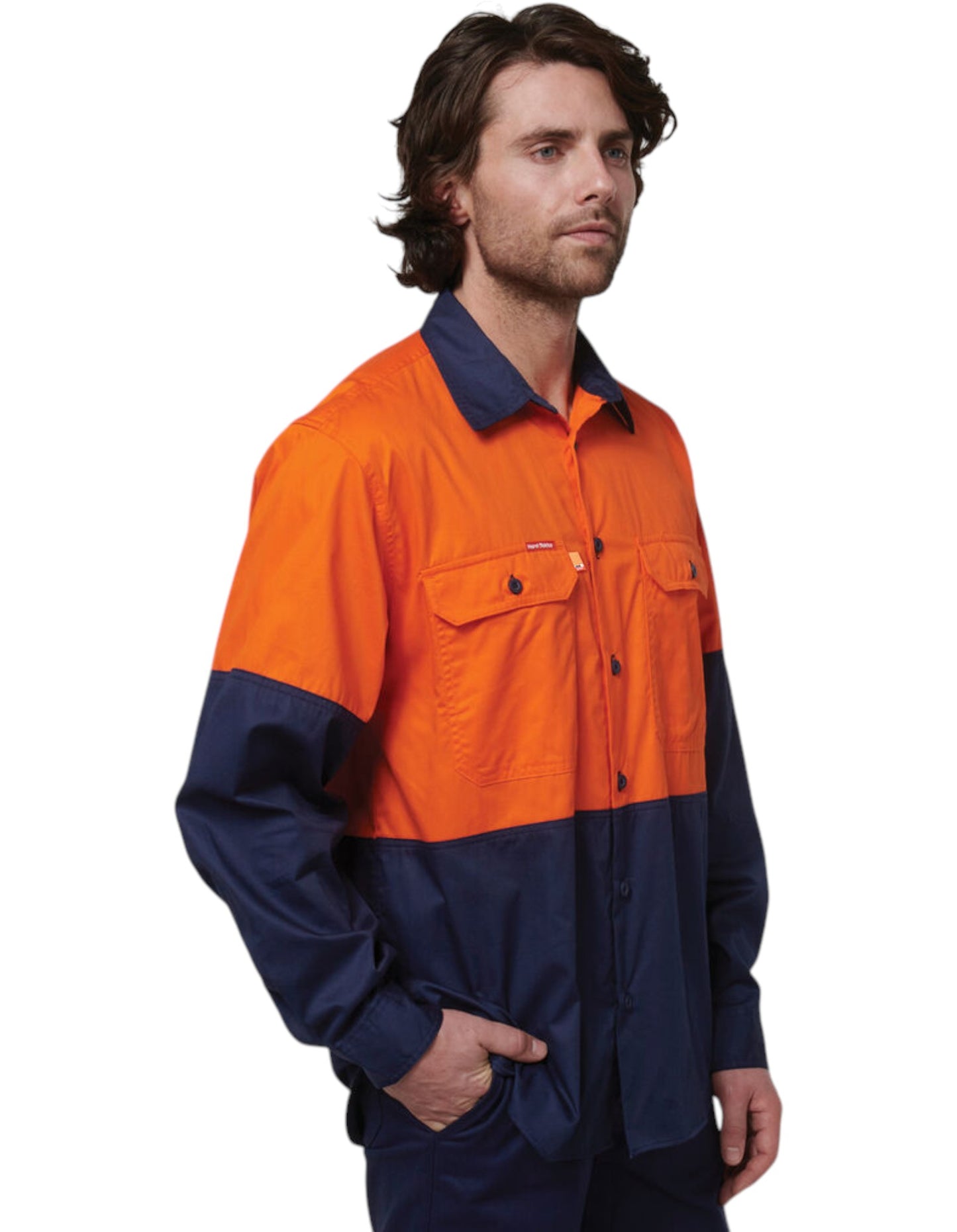 Mens Hard Yakka Basic 2 Tone Long Sleeve Shirt Orange / Navy