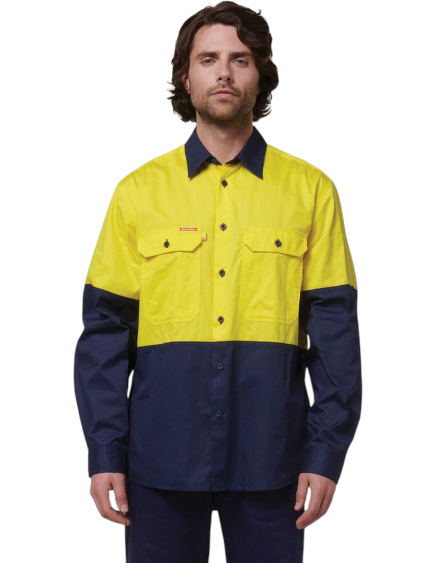 Mens Hard Yakka Basic 2 Tone Long Sleeve Shirt Yellow / Navy