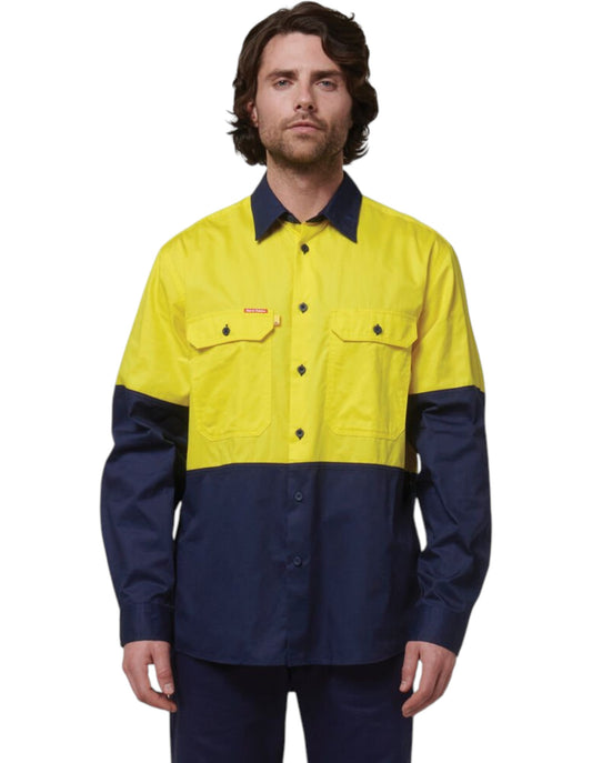 Mens Hard Yakka Basic 2 Tone Long Sleeve Shirt Yellow / Navy