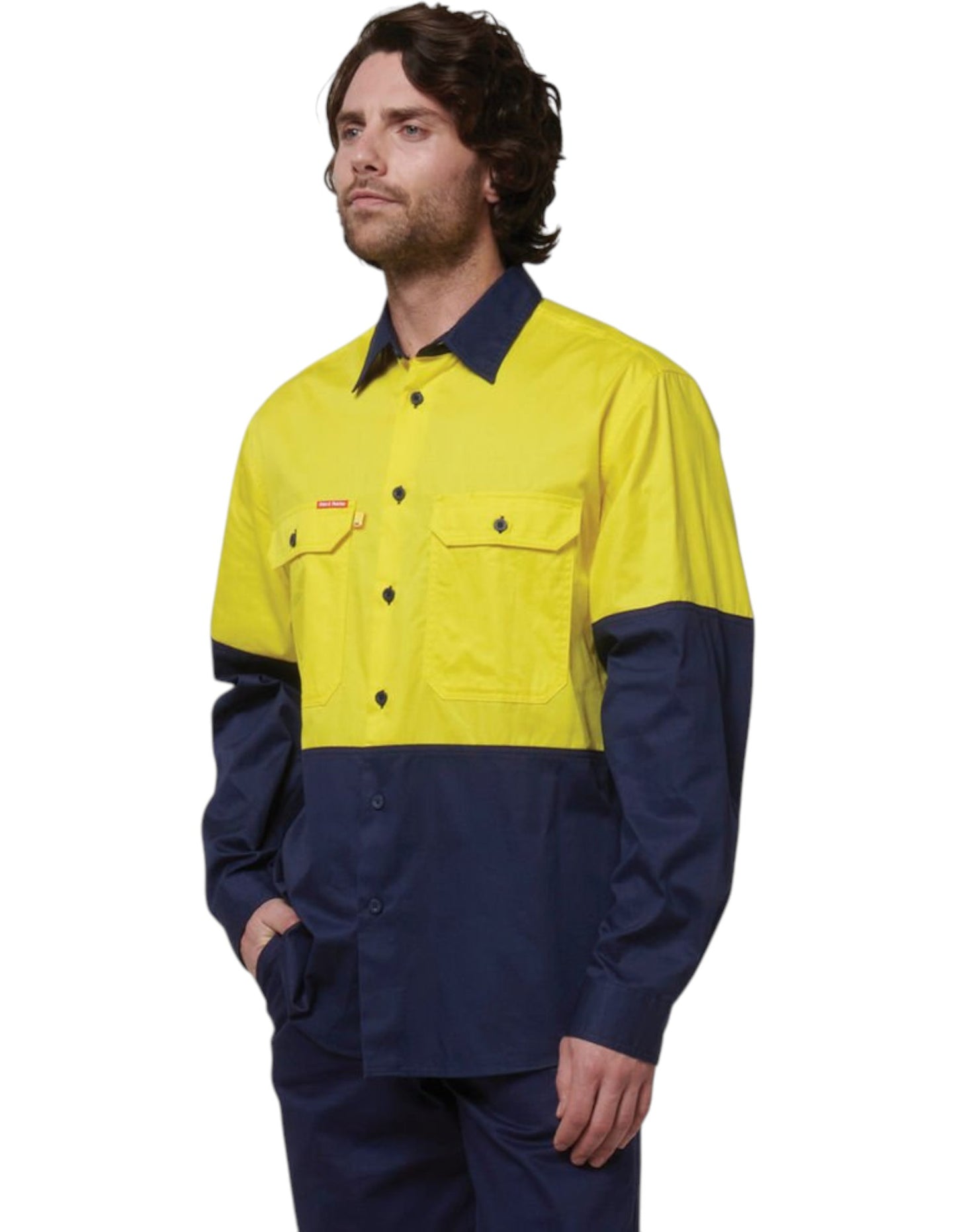 Mens Hard Yakka Basic 2 Tone Long Sleeve Shirt Yellow / Navy