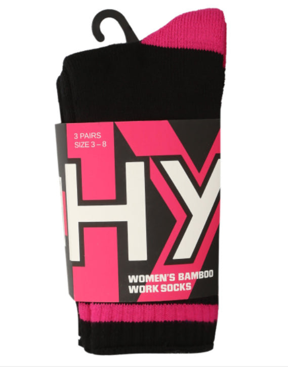 3 Pack Womens Hard Yakka Bamboo Work Crew Socks Black/Pink