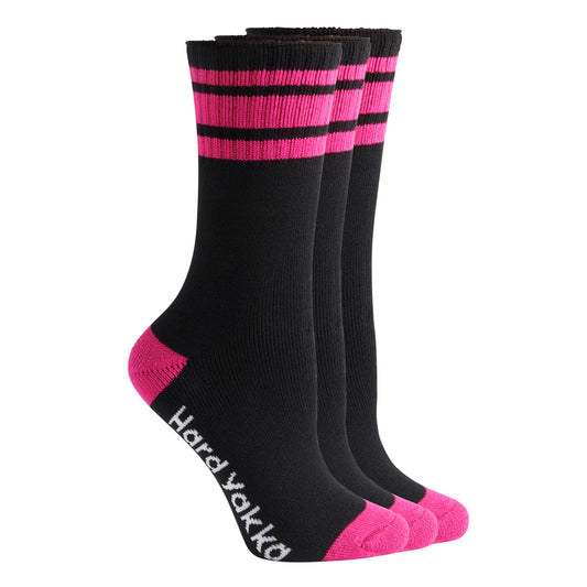 3 Pack Womens Hard Yakka Bamboo Work Crew Socks Black/Pink