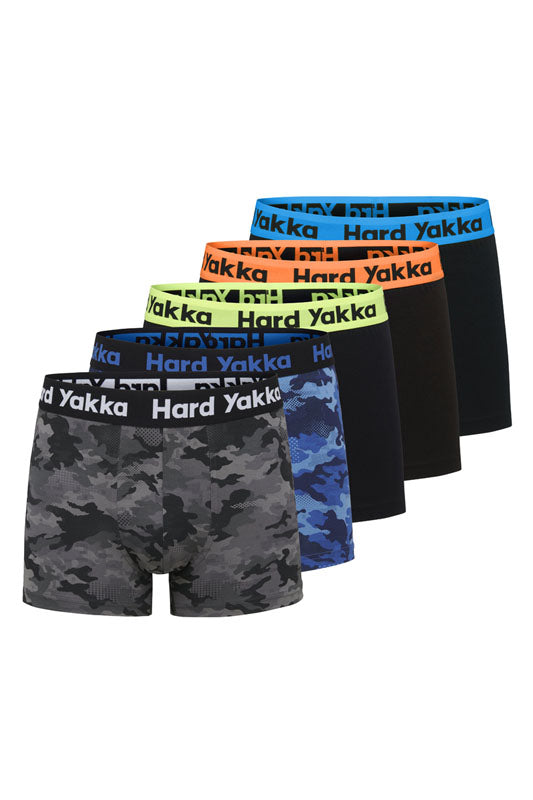 5 Pack Mens Hard Yakka Cotton Trunks Underwear Black/Camoflage