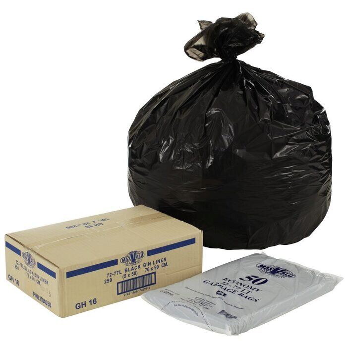 300 Pcs X 72-77L Black Garbage Bin Liners Economy Bags