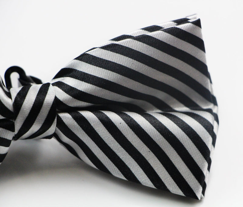 Mens Black & White Diagonal Striped Bow Tie