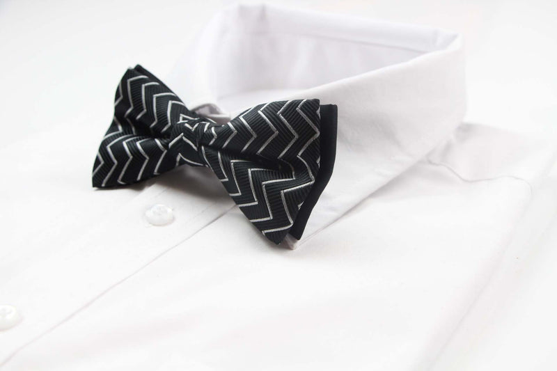 Mens Black With Silver Zig Zag Patterned Bow Tie