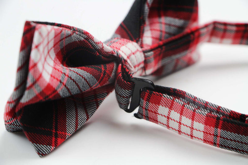 Mens Black, White & Red Plaid Patterned Cotton Bow Tie