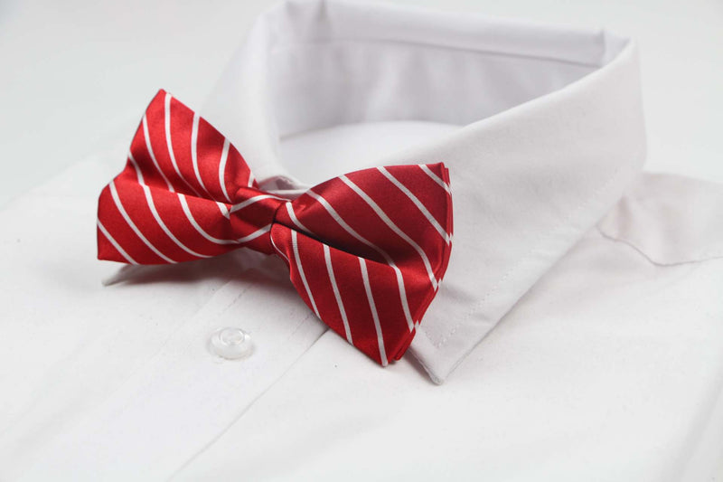 Mens Red With White Diagonal Stripe Patterned Bow Tie
