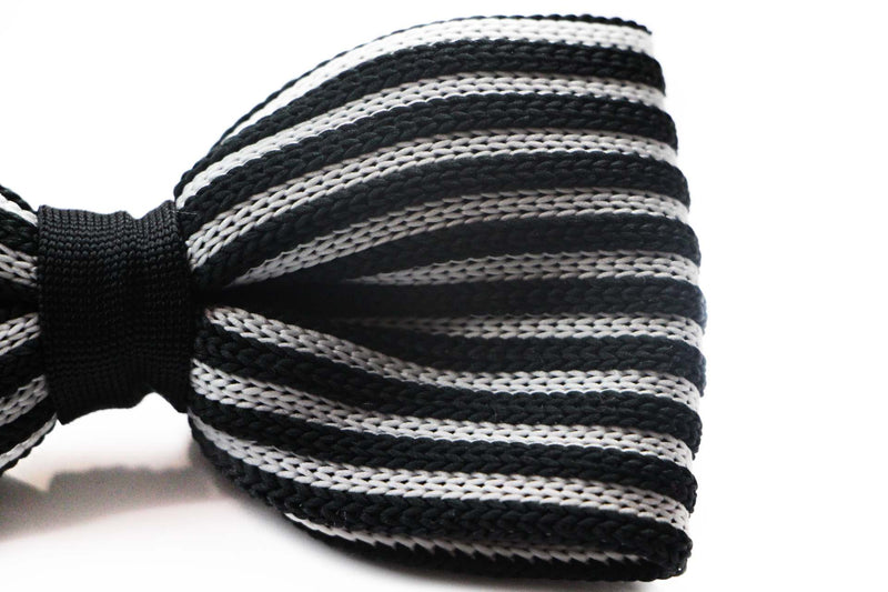 Mens Black & White Horizontal Stripe Knitted Bow Tie